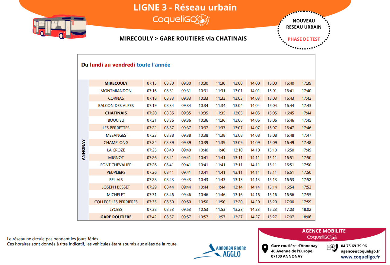 Horaires Ligne 3 réseau urbain